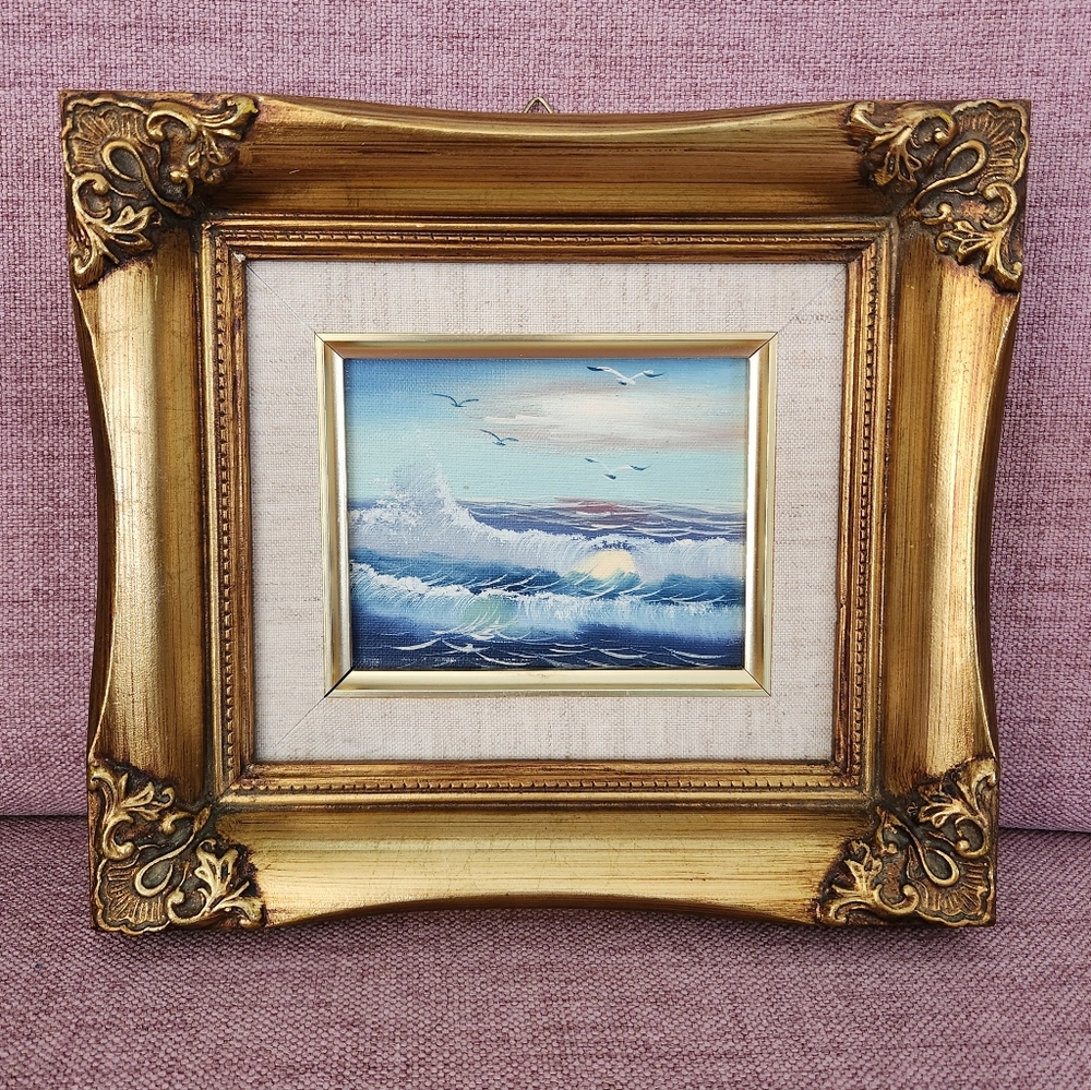 ✨️SALE✨️ Ocean Seascape Painting on Canvas Framed in Vintage, Ornate Gold Frame